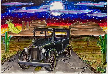 a marker drawing of an old chevy on route 66 with a full moon, monument valley, and a ufo