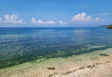 a wooden bench on the beach with a blue sky and clouds