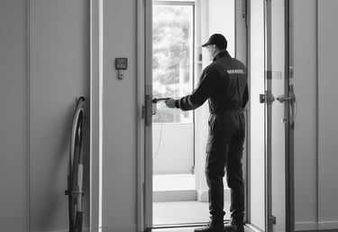 A metallic or aluminum louvered door with horizontal slats and a silver handle on one side. The door is symmetrical and provides a sleek, industrial aesthetic.