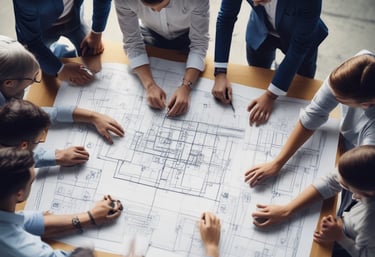 grupo de ingenieros diseñando un plano en una reunion de junta