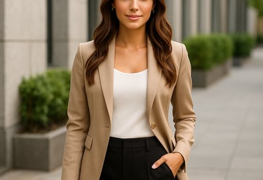 B9see, Confident woman in a beige blazer and black pants standing in an urban business district