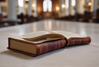 A mosaic-tiled surface holds a plastic cup of iced coffee next to a book titled 'Catechism of the Catholic Church, Second Edition'. The background features a neutral-toned wall.