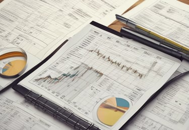 A laptop displaying a financial dashboard with various stock market graphs and data. The screen shows different stock indices and their performance, including line charts and a bar chart for market overview. The laptop is placed on a light-colored table, and a gray sofa is visible in the background.