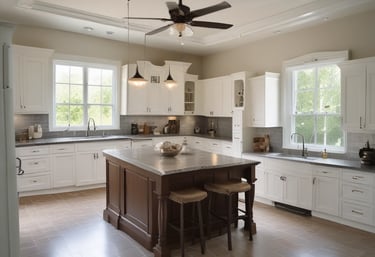 A room with a worn, textured wall and scattered tools. A metal ladder leans against the wall next to a wooden shelving unit containing various items like a drill, packing materials, and paint cans. The wooden floor is covered with more tools and a toolbox, suggesting ongoing renovation or maintenance work.