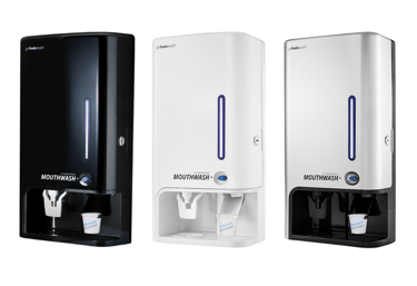 Dispensadores automáticos de enjuague bucal GotFreshBreath en color negro, blanco y cromado, ideales