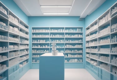 A clean and well-organized pharmacy interior with bright lighting. The central counter is labeled for prescriptions and is surrounded by shelves stocked with various pharmaceutical products. The predominant color scheme involves green and white, reflecting the pharmacy's branding. The aisles are spacious and neatly arranged with products.