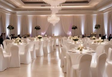 A setup of round tables and chairs covered in white cloth is arranged outdoors on a patch of green artificial turf. Multiple serving stations or buffet tables are positioned in the background under white tents. The setting is adjacent to a brick building.