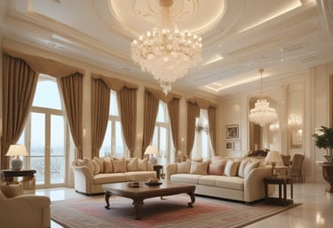 Luxurious living rooms with elegant chandeliers, modern beige sofas and floor-to-ceiling curtains. 