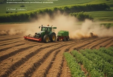 a tractor with a tractor trailer on a farm