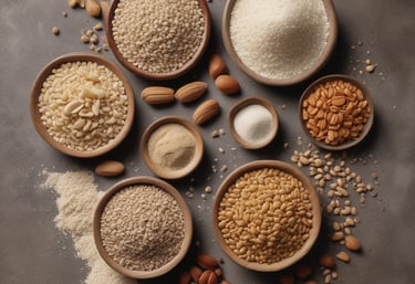 Various wellness and beauty products, including oils in bottles, a bowl of oil, dried flowers, crystals, a smudge stick, and a small dish of cream, are arranged aesthetically on a light surface. The scene is decorated with colorful flowers and herbs.