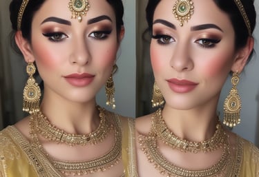 A person with elegant makeup and neatly styled hair is wearing a black, sequined, sheer top. The makeup features bold, colorful eyeshadow and long, dramatic eyelashes. The expression is serene and the pose is slightly tilted, highlighting the intricate details of the outfit.