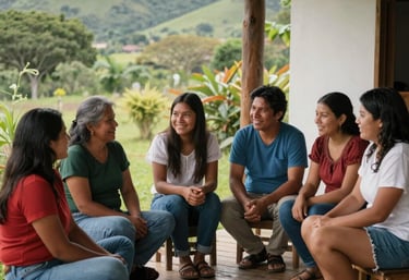 Candid photography of a group of South American / Brazilian people sitting together on a wooden porch, talking and smiling near a garden, with soft daylight and a background of green hills.
