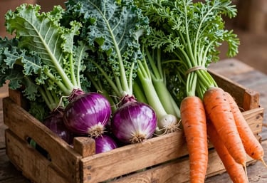 A vibrant still life of freshly harvested organic vegetables including purple onions, green kale, and bright carrots in a rustic wooden crate on a South American Brazilian farm table.
