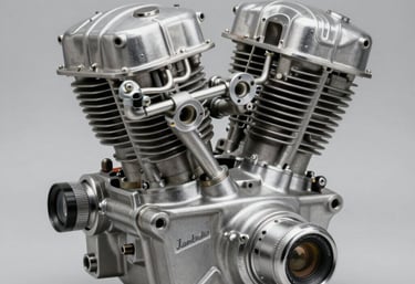 A crisp, detailed shot of a restored Lambretta engine block and carburetor. The metal surfaces are clean and shine under studio lighting, showcasing precision engineering from the fifties.