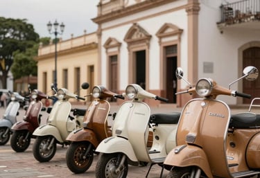 A wide photography shot of several vintage Lambrettas in cream, tan, and brown colors lined up in front of a colonial-style building in a South American Brazilian plaza.