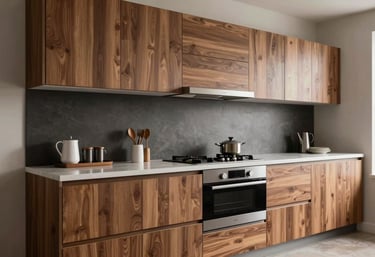 A modern modular kitchen in a South Asian / Indian home showcasing premium wood finishes and sleek hardware, soft professional lighting, premium mood.