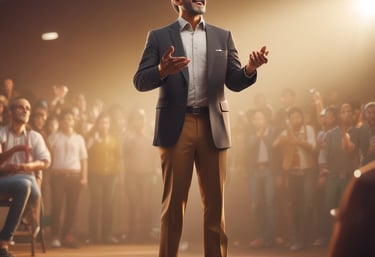 a man in a suit and tie standing in front of a crowd