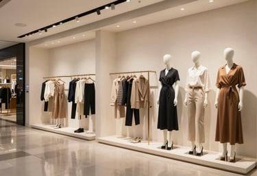 A high-end fashion boutique interior in a South American / Argentinian shopping mall. Stylish mannequins display modern clothing. The lighting is focused and warm, highlighting soft off-white walls and light slate grey floors.