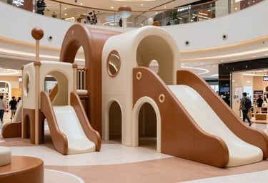 A modern and safe children's play area inside an Argentinian shopping center. The design uses sophisticated warm bronze and soft off-white tones, with high-quality play structures and professional lighting.