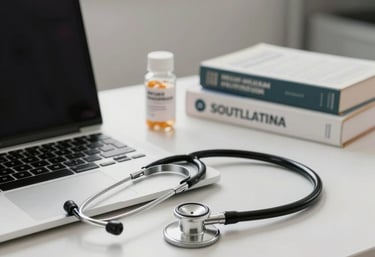 A clean, minimalist South American pharmaceutical workspace showing a laptop, a stethoscope, and professional reference books in soft daylight.