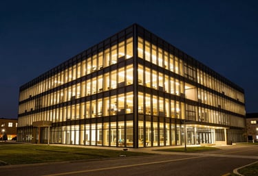 Modern architecture of a research center at night, with windows glowing in rich burnished gold against a deep navy blue sky.
