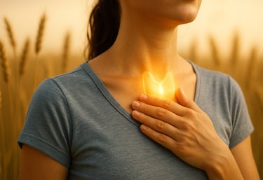 Mano che tocca la tiroide illuminata, simbolo di equilibrio e rinascita