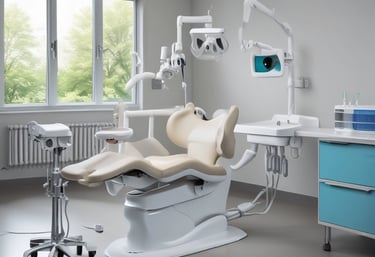 A modern dental clinic interior with dental chairs lined up near large windows, bright overhead lighting, and cabinetry. The room is well-organized and appears clean and professional, with a neutral color scheme and urban city view through the windows.