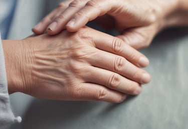 A close-up of a younger person's hand resting gently on an elderly person's hand to show comfort and care.