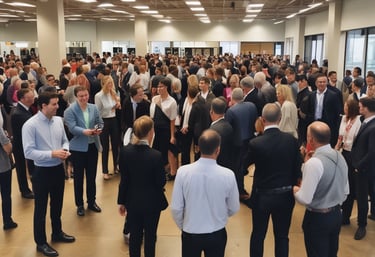 A diverse group of people is gathered in an indoor space with large windows, engaging in conversation and enjoying refreshments. The setting appears to be a social or networking event, with individuals wearing casual to semi-formal attire. A chandelier hangs from the ceiling, and natural light filters through the windows, revealing greenery outside.