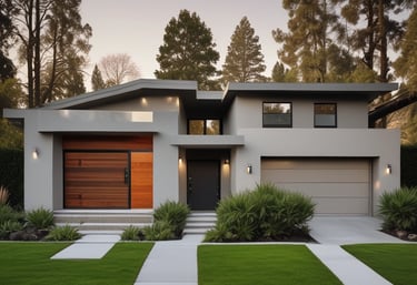 A residential building with a modern architectural design, featuring white walls and large windows. Trees with sparse foliage are in the foreground, and the scene is illuminated by warm, soft lighting, suggesting late afternoon or early evening.