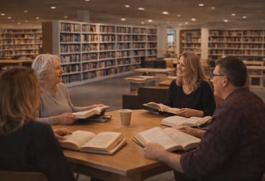People around a table at the library