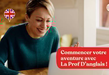 A woman smiles learning English. Une femme sourit en apprenant l'anglais