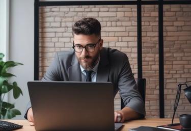 A modern workspace with a focus on technology. In the foreground, there is a black laptop with a distinctive logo placed on a table beside a smartphone propped on a stand. A man is sitting in the background, also using a similar laptop. The setting is minimalistic with a combination of white furniture and a textured brick wall.