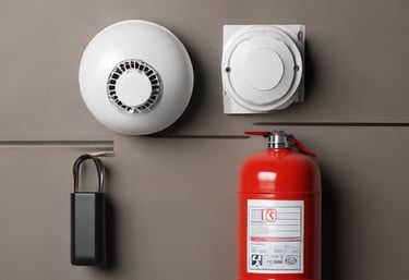 A fire safety professional inspecting a commercial building with a clipboard.