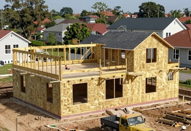 Blueprints and construction plans spread out on a desk.
