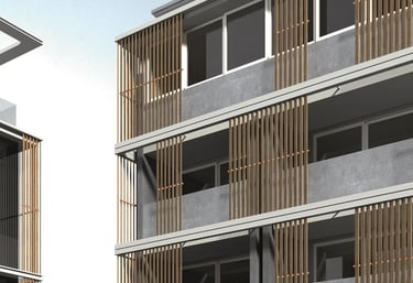 Edificio multifamiliar con balcones amplios y fachada ventilada con revestimiento de madera clara