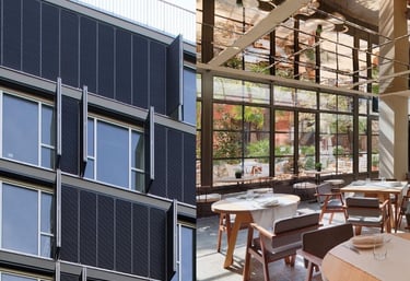 Edificio contemporáneo con cerramiento metálico exterior y líneas geométricas de diseño vanguardista