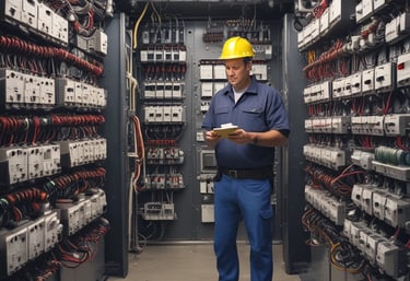 An extensive outdoor electrical substation features numerous transformers, circuit breakers, and metal structures interconnected by a grid of cables. The area is fenced, and the ground is covered in gravel. Overhead power lines are prominently visible along with high-voltage equipment.
