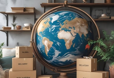 Tropical Hoya plants in shipping box with globe, symbolizing worldwide delivery