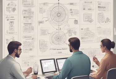 A modern workspace with a focus on technology. In the foreground, there is a black laptop with a distinctive logo placed on a table beside a smartphone propped on a stand. A man is sitting in the background, also using a similar laptop. The setting is minimalistic with a combination of white furniture and a textured brick wall.