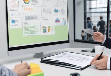 A professional consultation setting with a medical professional sitting at a desk facing a client. The room has a modern aesthetic with white walls decorated with framed certificates. The desk is organized with office supplies, a laptop, and a fruit bowl in the center.