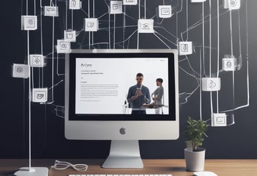 A small, white humanoid robot with blue accents, including eyes, mouth, and a circular badge with the letters 'AI' on its chest, is positioned in front of a blue laptop on a metallic surface. The robot has a simple, smooth design with two cylindrical arms and a small antenna on top.