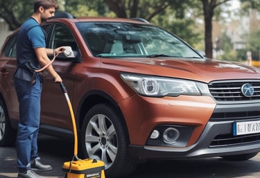 A white minivan is being washed with soap suds on a city street, presumably in front of a car wash business. A man wearing black shorts and a black shirt with the number 894 printed on the back, is seen cleaning the van. The background features three storefronts with signage in both English and Chinese, one of which has a sun logo and the other advertising the car wash service. The street and buildings appear somewhat aged with noticeable wear and tear.