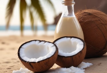 A fresh coconut with the top sliced open sits on a wooden table, with the backdrop of a serene ocean view and a palm tree. The scene suggests a tropical setting with a relaxed atmosphere.