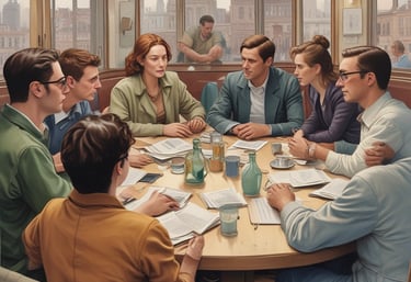 A row of three distinct storefronts set against a backdrop of vivid blue sky with scattered clouds. The central building is marked as a law firm, flanked by a red-brick facade with arches and another with a patterned brick exterior labeled 'Hong Kong Cafe'. A pedestrian crosswalk and brick pavement are visible in the foreground.