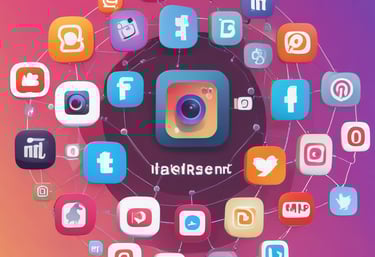 A modern workspace setup featuring a large monitor and a laptop displaying web pages. The desk has a wireless keyboard, a mouse, and a card labeled '#Hashtag Campaign'. The space is clean and organized with a focus on digital content.