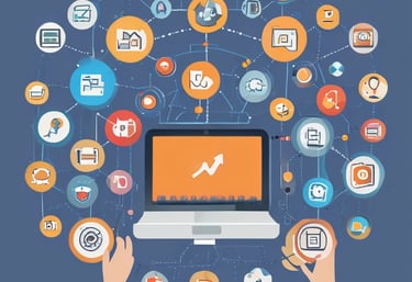A modern workspace setup featuring a large monitor and a laptop displaying web pages. The desk has a wireless keyboard, a mouse, and a card labeled '#Hashtag Campaign'. The space is clean and organized with a focus on digital content.