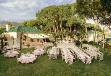 Large garden banquet layout at private Marbella villa