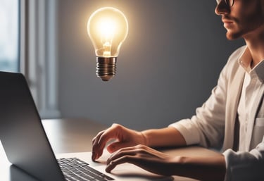 A creative professional using a laptop with a glowing light bulb floating above, symbolizing a bright business idea.