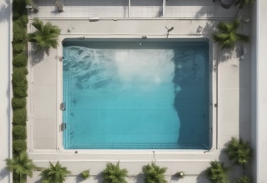 A professional technician performing maintenance on a swimming pool with tools and equipment.